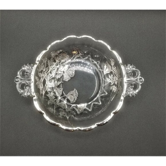 Sterling Silver Floral Overlay Glass Candy Dish Scalloped 2 Reticulated Handles - Picture 2 of 10